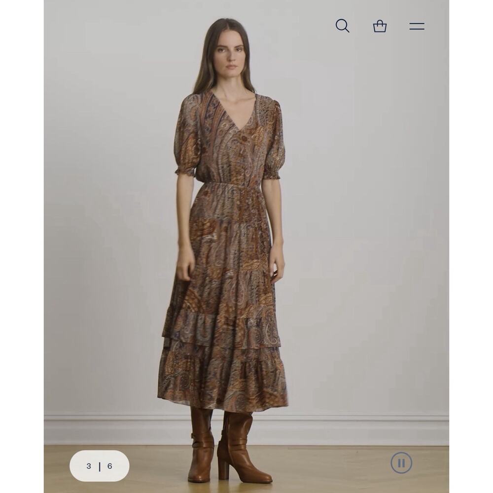 $225 Lauren Ralph Lauren Women's Paisley Crinkle Georgette Dress Size 10 Preppy